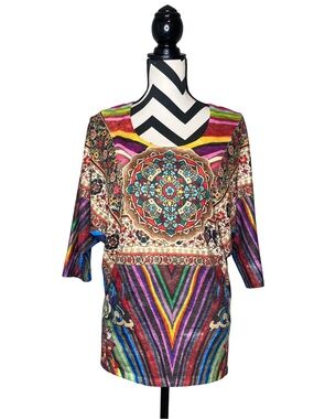 Amma Design Boho Art to Wear Whimsigoth Mandala 3/4 Sleeve Tunic Top Sz S